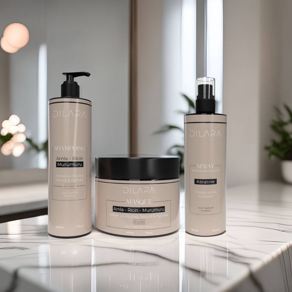 Kit Trio Dilara – Shampoing, Masque et Spray Thermoprotecteur pour Lissage Parfait