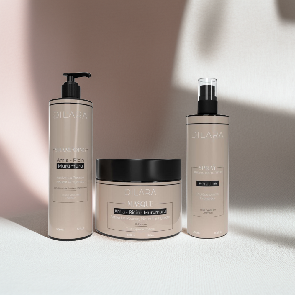 Kit Trio Dilara – Shampoing, Masque et Spray Thermoprotecteur pour Lissage Parfait