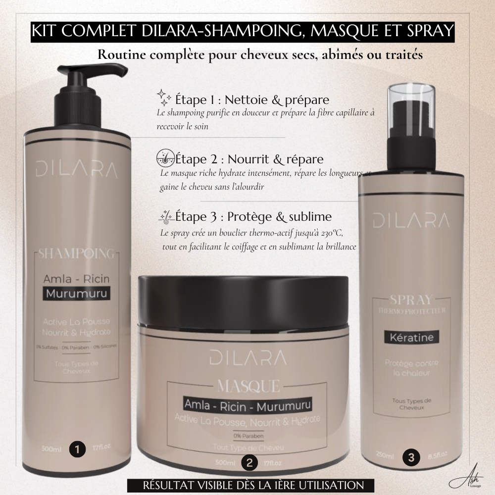 Kit Trio Dilara – Shampoing, Masque et Spray Thermoprotecteur pour Lissage Parfait